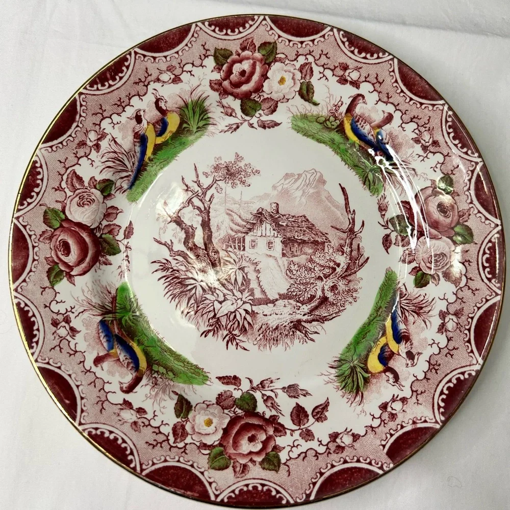 Decorative Floral Transferware Dinner Plates - Set of 2 (Red & Green)